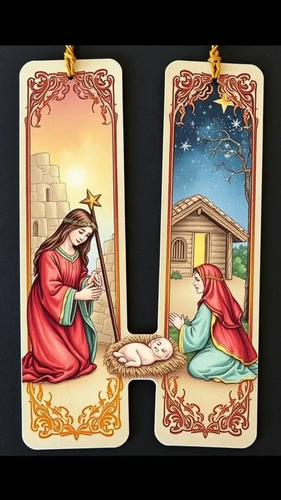 25+ Adorable Christmas Bookmarks You'll Love 8 A nativity scene with Mary, Joseph, and baby Jesus in a stable, under a bright star.