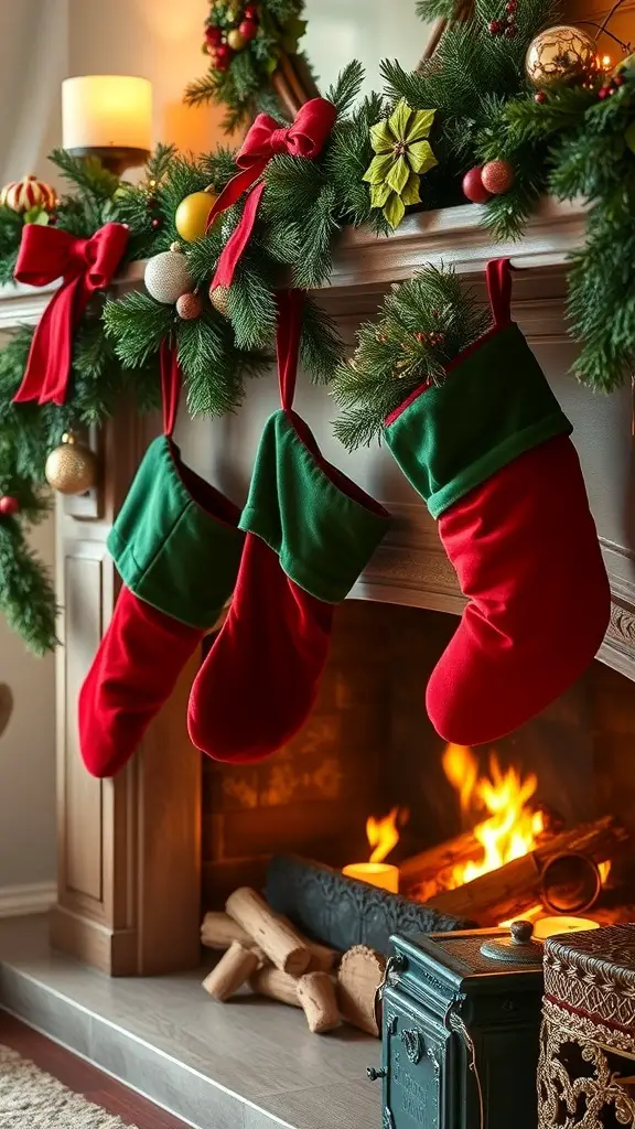 A cozy fireplace decorated with red velvet stockings, festive greenery, and holiday gifts.