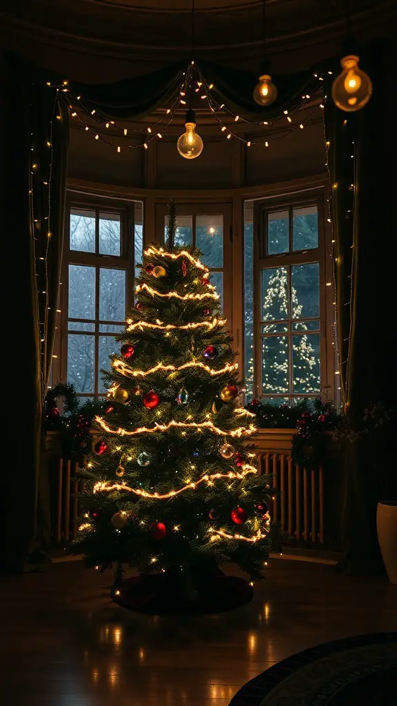 A beautifully decorated Christmas tree with twinkling fairy lights in a cozy room