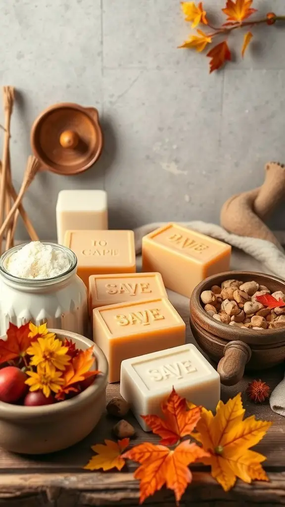 A cozy setup for soap making with various soap bars, natural ingredients, and autumn leaves.