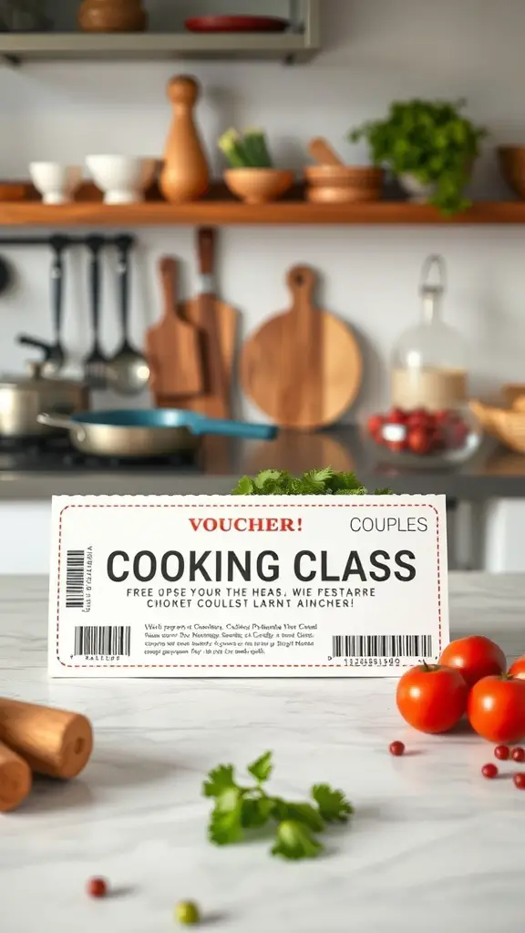 Cooking class voucher with fresh ingredients in a kitchen setting