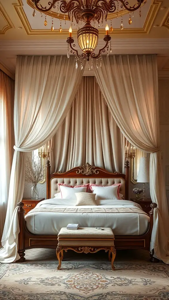 27+ Inspiring Spanish Mediterranean Bedroom Ideas for Your Home 2 A beautifully decorated bedroom featuring a canopy bed with drapes, a chandelier, and elegant decor.