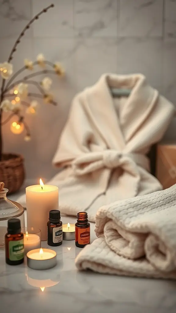 A cozy spa setup with towels, essential oils, and candles for relaxation.
