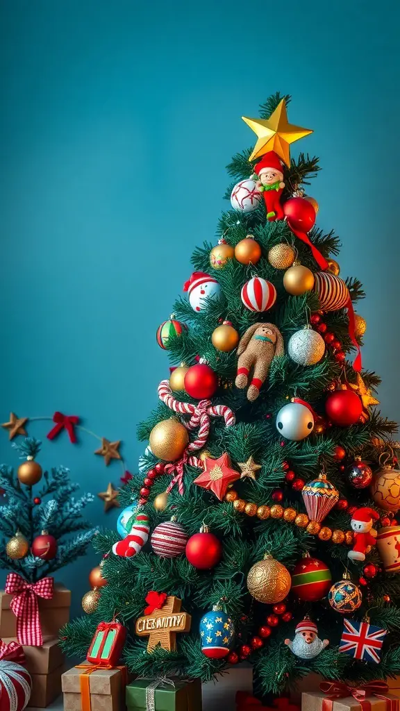An eclectic Christmas tree decorated with colorful ornaments and gifts, symbolizing cultural diversity.