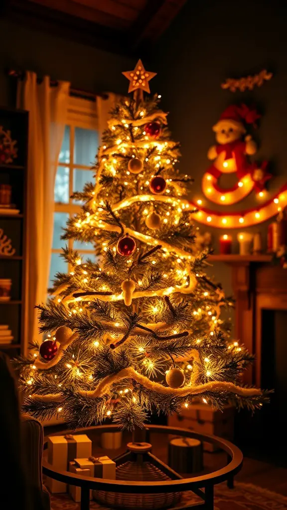 A beautifully decorated Christmas tree with warm lights, red and gold ornaments, and a star on top, surrounded by holiday decor.