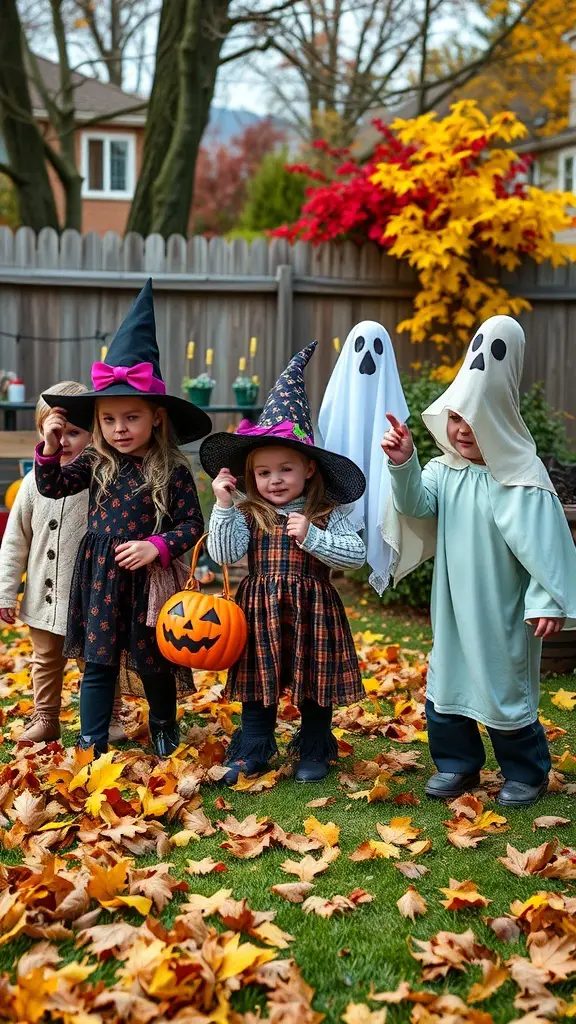 Children in 70s Halloween costumes, including witches and ghosts, surrounded by autumn leaves.