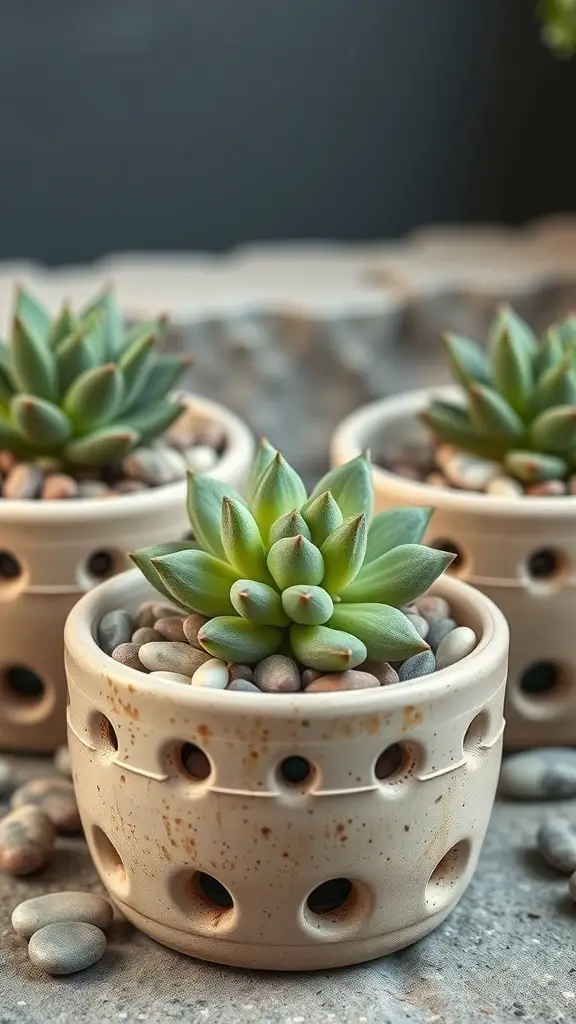 29+ Creative Succulent Pot Ideas You’ll Love 3 Succulent planters with drainage holes and pebbles on top