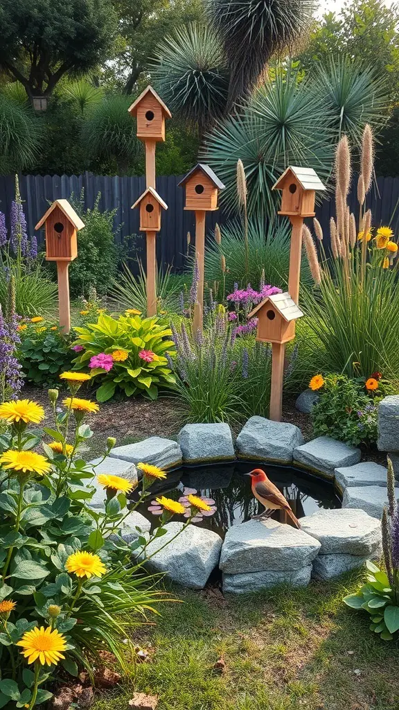 31+ Wild Garden Ideas to Transform Your Outdoor Space 6 A colorful garden with birdhouses, flowers, and a small pond.