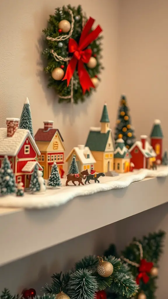 A cozy display of a miniature holiday village with colorful houses, trees, and a festive wreath.