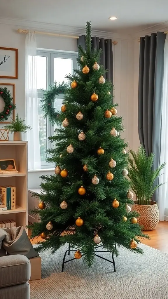 A beautifully decorated dark green artificial Christmas tree with gold and silver ornaments in a cozy living room.