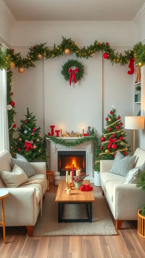 A cozy living room decorated for Christmas with garlands, small trees, and a fireplace.