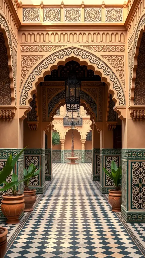 29+ Inspiring Spanish Revival Home Designs You’ll Love 2 A corridor featuring Moorish design elements with arches, decorative tiles, and potted plants.