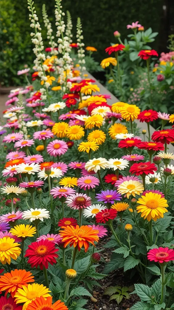A vibrant garden filled with colorful gerbera daisies in various shades.