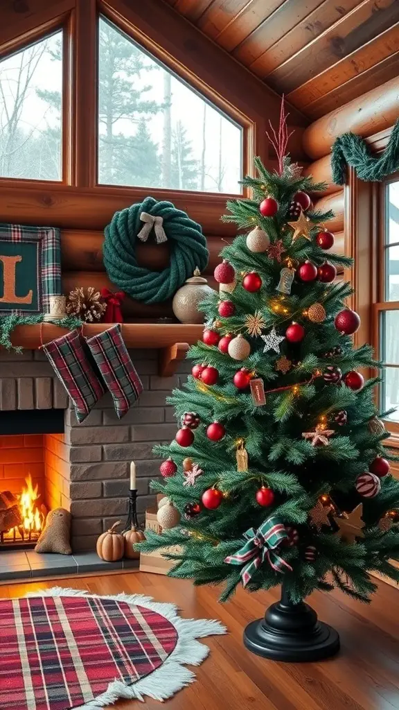 A cozy cabin interior featuring a sage green Christmas tree decorated with red ornaments, a fireplace, and festive decor.