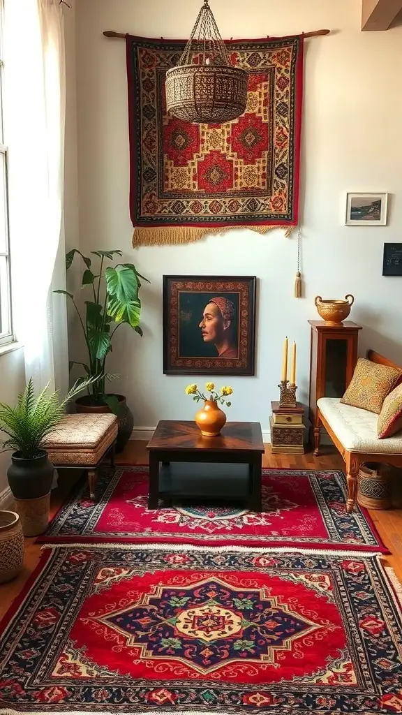 23+ Stunning Rug Design Ideas to Transform Your Space 11 A cozy living room with cultural patterned rugs, wall hanging, and decorative elements.