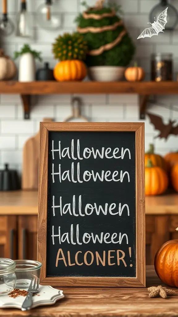 Chalkboard sign with Halloween messages surrounded by pumpkins and decor