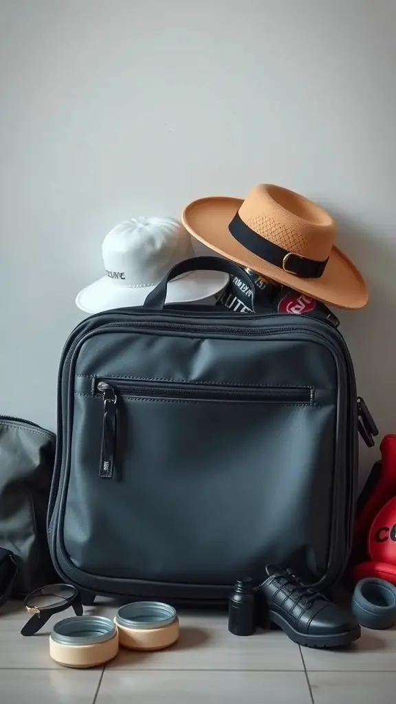 A stylish travel bag with hats and shoes arranged around it.