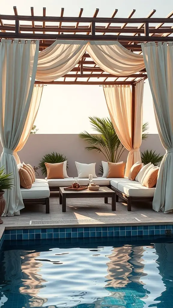 23+ Stunning Tuscan Pool Designs for Your Dream Backyard 2 Luxurious pool cabana with soft drapes and comfortable seating by the pool.