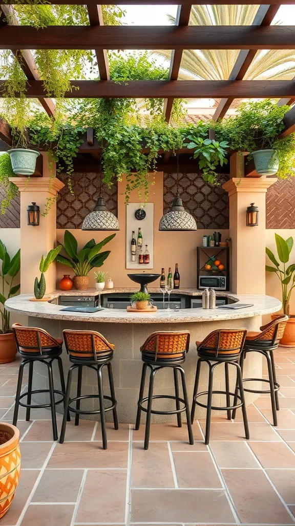 23+ Stunning Mediterranean Patio Ideas for Your Outdoor Oasis 14 A Mediterranean-style outdoor bar area with a rounded counter, hanging plants, and decorative lanterns.