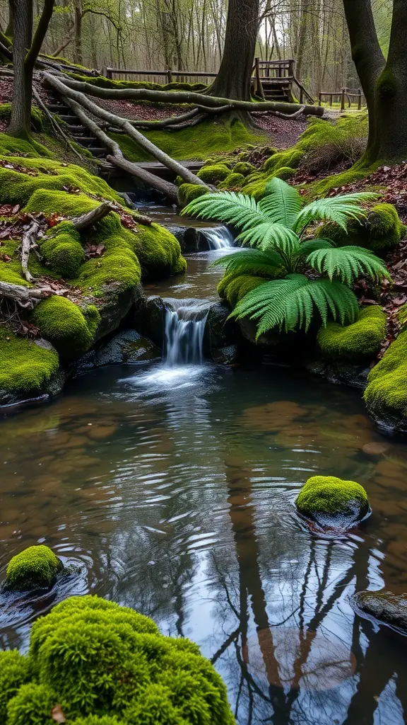 A serene woodland scene featuring a small stream with moss-covered rocks and ferns.