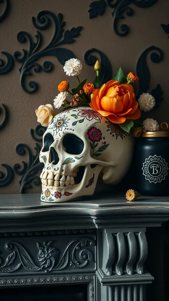 A decorative skull with flowers on top, set against an ornate wall.