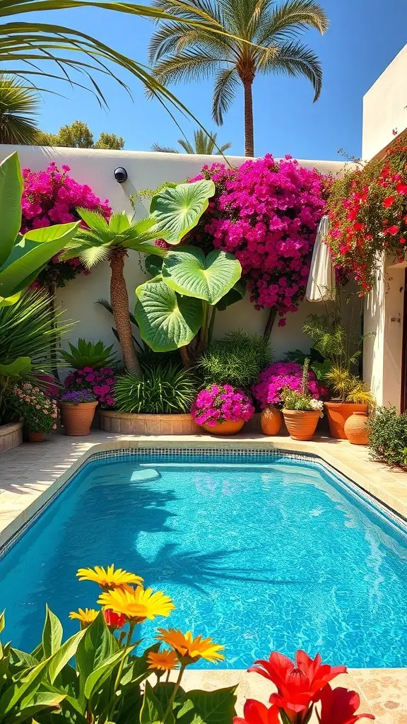 25+ Stunning Mediterranean Pool Designs to Enhance Your Outdoor Oasis 12 A Mediterranean pool area surrounded by vibrant tropical plants and colorful flowers.