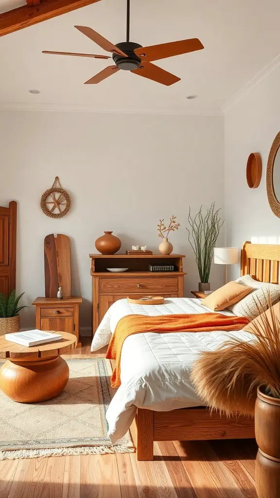 27+ Inspiring Spanish Mediterranean Bedroom Ideas for Your Home 13 A cozy Spanish Mediterranean bedroom featuring handcrafted wooden furniture, warm tones, and decorative elements.