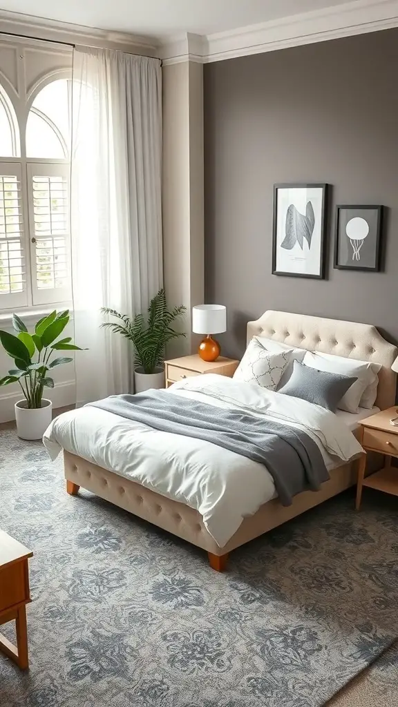 23+ Stylish Grey Carpet Bedroom Ideas for a Cozy Retreat 4 A cozy bedroom featuring grey carpet, a beige bed frame, wooden nightstands, and decorative elements.