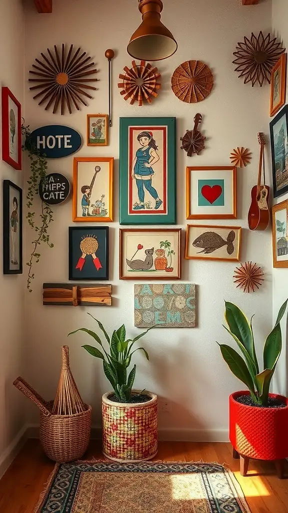 29+ Budget-Friendly Small Room Ideas to Maximize Space 7 A colorful wall filled with various DIY art pieces and plants, showcasing a personal touch in a small room.