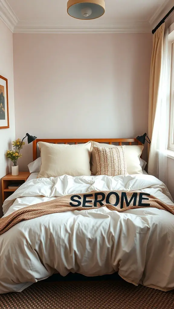 27+ Creative Tiny Bedroom Ideas for Maximum Style and Functionality 15 A cozy bedroom featuring layered textiles on the bed, including pillows and a knitted throw.