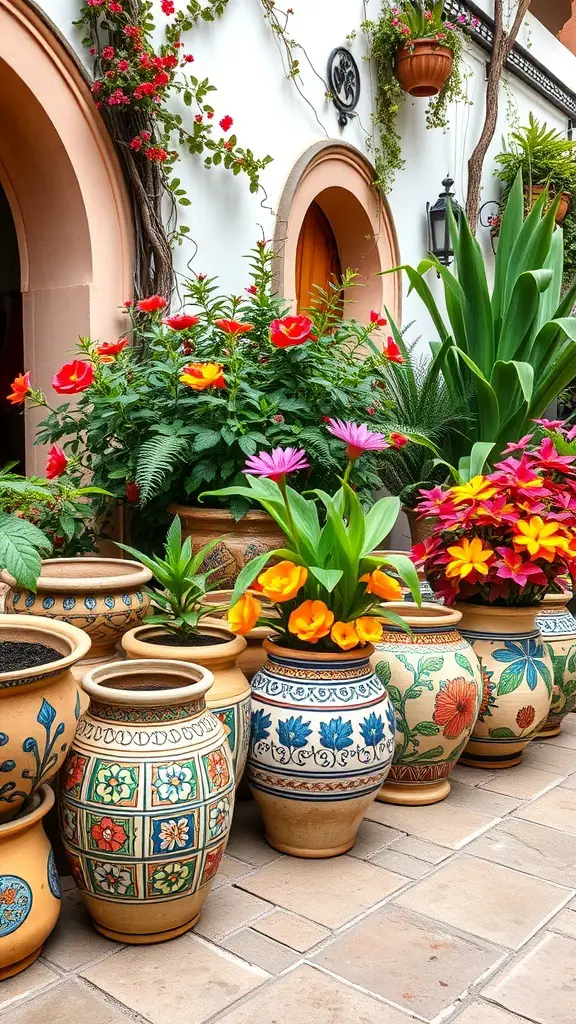 25+ Stunning Spanish Garden Hacienda Style Ideas to Transform Your Outdoor Space 2 Colorful handcrafted ceramic pots filled with flowers in a Spanish garden