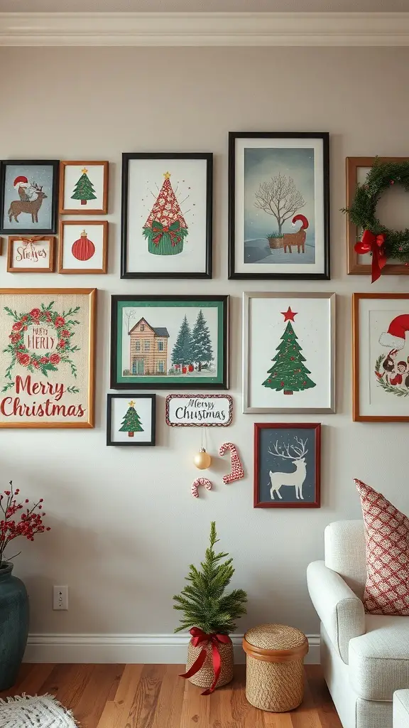 A wall decorated with various holiday-themed framed artworks, including Christmas trees, reindeer, and festive greetings.