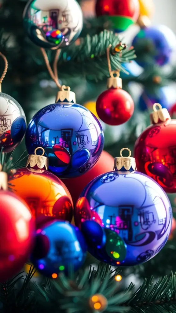 Colorful glass baubles hanging on a Christmas tree