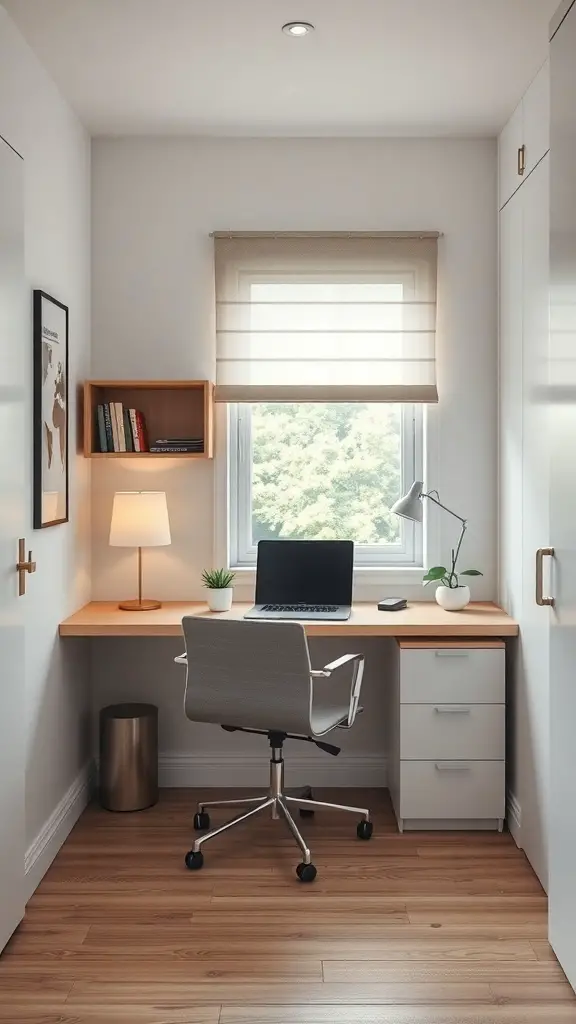 27+ Creative Tiny Bedroom Ideas for Maximum Style and Functionality 11 A compact desk setup in a tiny bedroom with a laptop, lamp, and storage drawers.