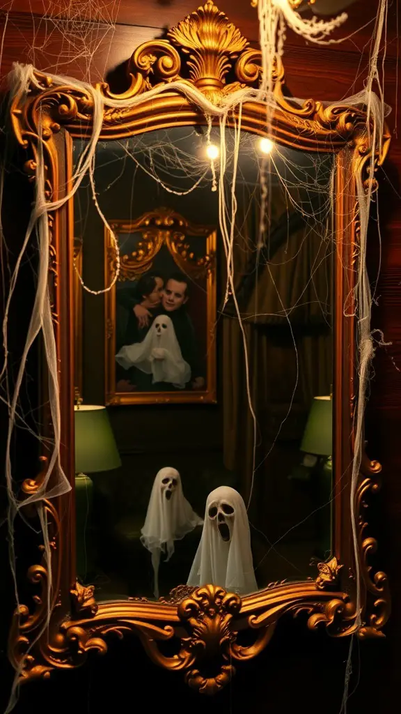 A haunted mirror frame with cobwebs and ghostly figures reflected in it.