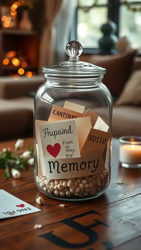 A glass jar filled with colorful notes, labeled 'Memory', sitting on a wooden table with a cozy background.