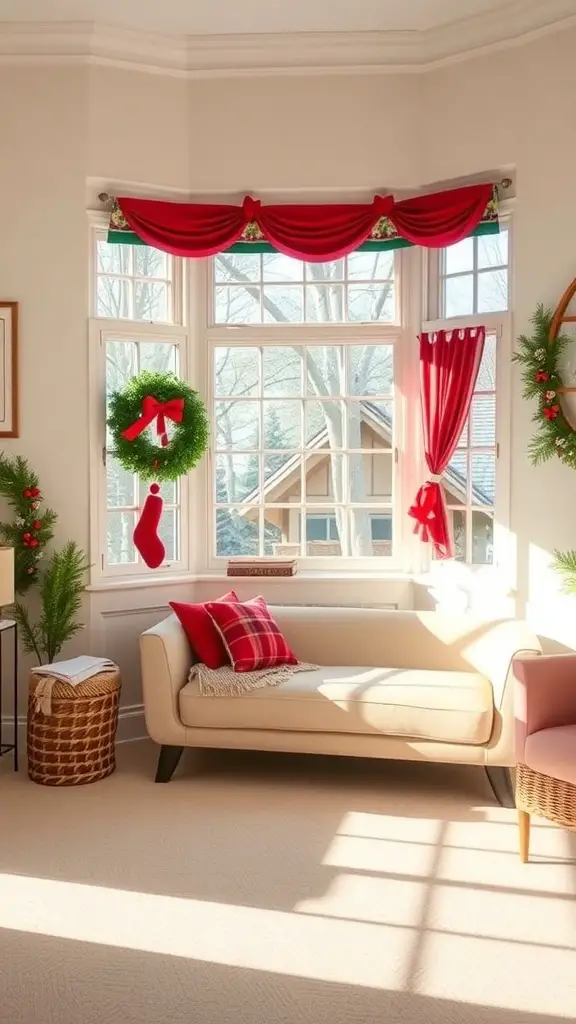 A small living room decorated for Christmas with red curtains, wreaths, and stockings on the windows.