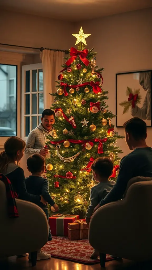 A family gathered around a beautifully decorated dark green Christmas tree, enjoying the holiday spirit.