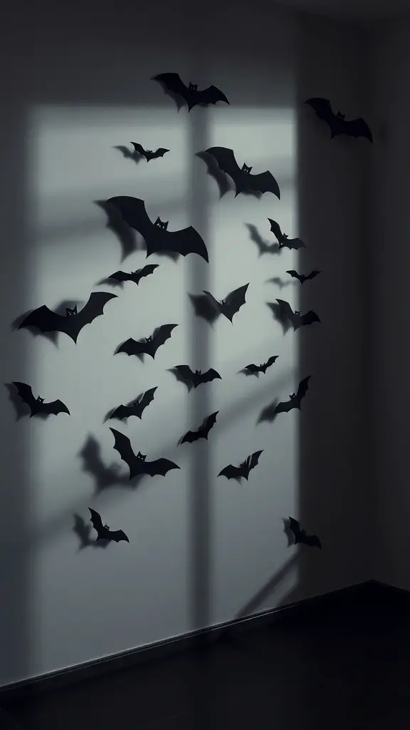 A wall decorated with black cardstock bats creating a spooky atmosphere.