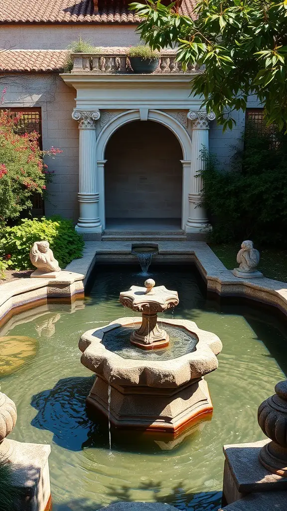 27+ Stunning Greek Garden Ideas for a Mediterranean Oasis 2 A stone fountain in a garden, surrounded by greenery and classical architecture.