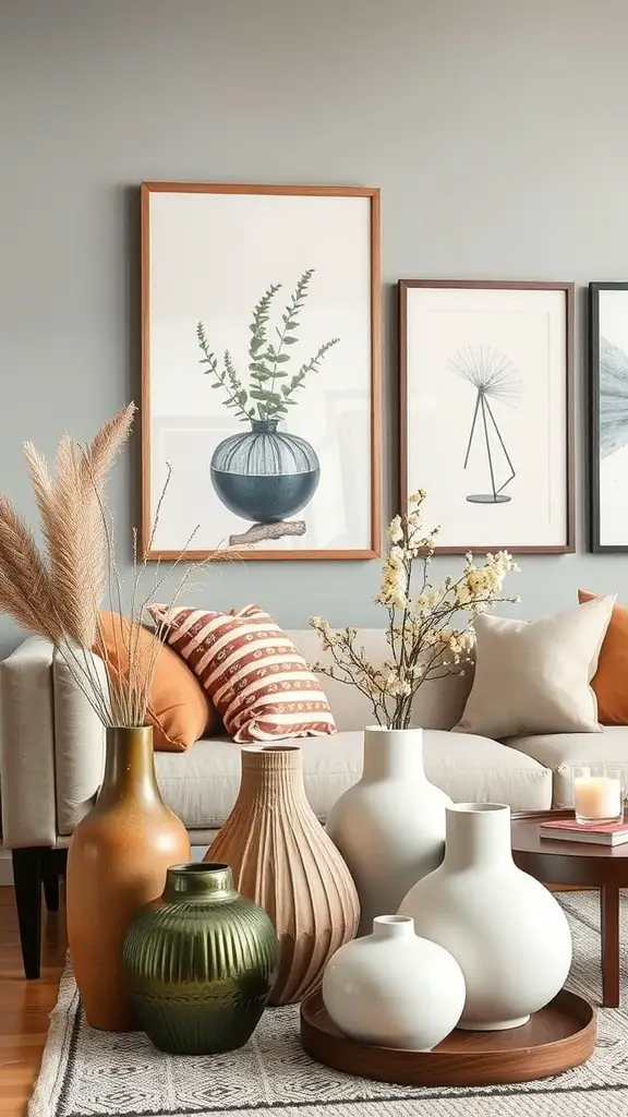 27+ Unique Wedding Gifts for Every Couple 5 A stylish living room with decorative vases and framed artwork.