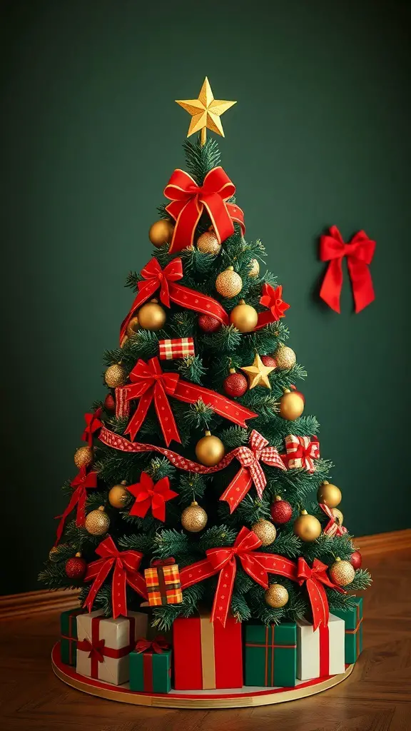 A traditional Christmas tree decorated with red ribbons, gold ornaments, and a star on top, surrounded by wrapped presents.