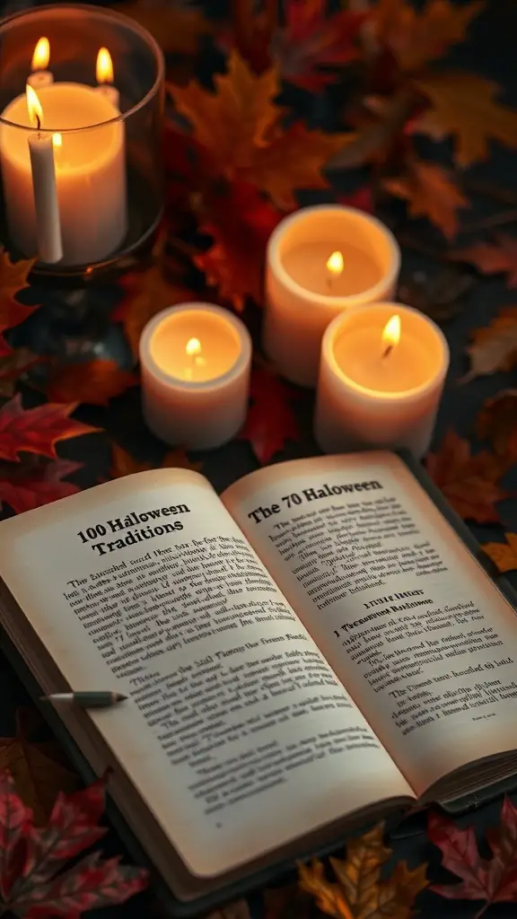 A cozy setup featuring candles and an open book titled '100 Halloween Traditions' on a table with autumn leaves.