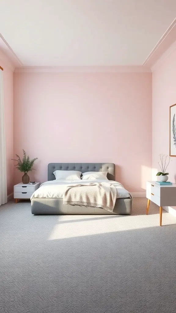 23+ Stylish Grey Carpet Bedroom Ideas for a Cozy Retreat 11 A cozy bedroom featuring a grey carpet and soft pink walls, with a bed and nightstands.