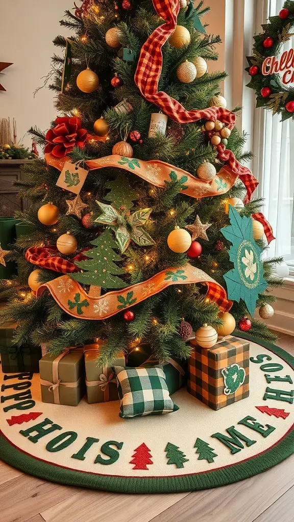 A beautifully decorated Christmas tree with a themed earth-toned tree skirt featuring green and brown colors.