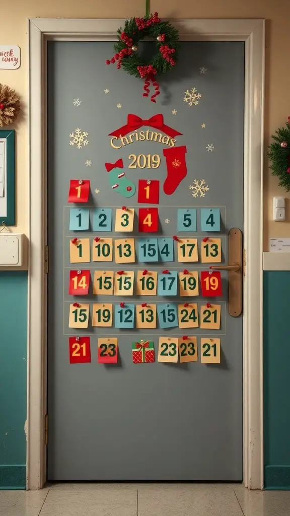 A classroom door decorated with a Christmas countdown calendar featuring colorful cards for each day leading up to Christmas.