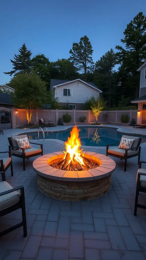 23+ Stunning Tuscan Pool Designs for Your Dream Backyard 12 A cozy fire pit surrounded by chairs near a swimming pool at dusk.