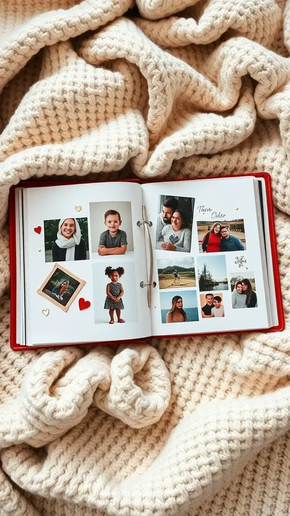 A personalized photo album opened on a cozy blanket, displaying various photos and decorative elements.