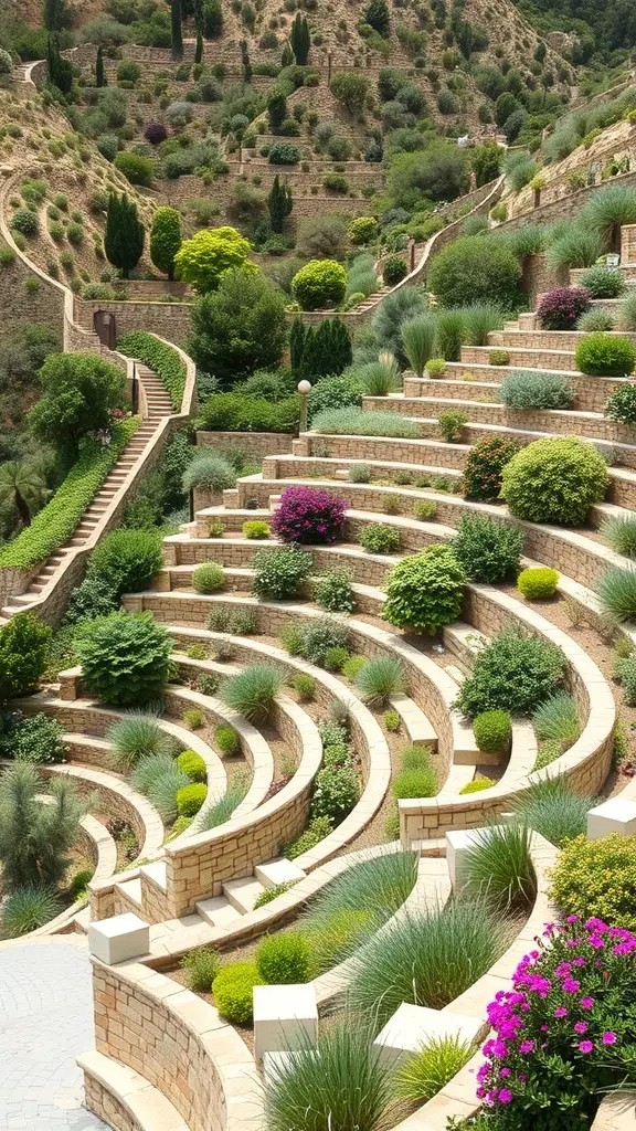 27+ Stunning Greek Garden Ideas for a Mediterranean Oasis 15 A beautiful terraced garden with multiple levels, featuring lush greenery and colorful flowers.