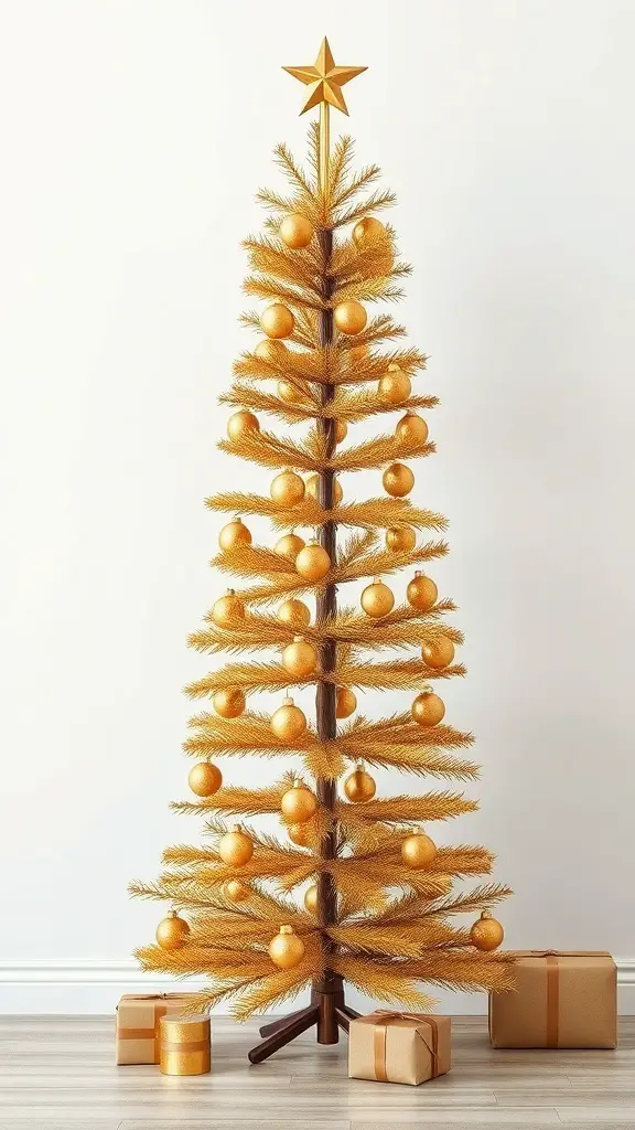 A golden Christmas tree with ornaments and wrapped gifts underneath